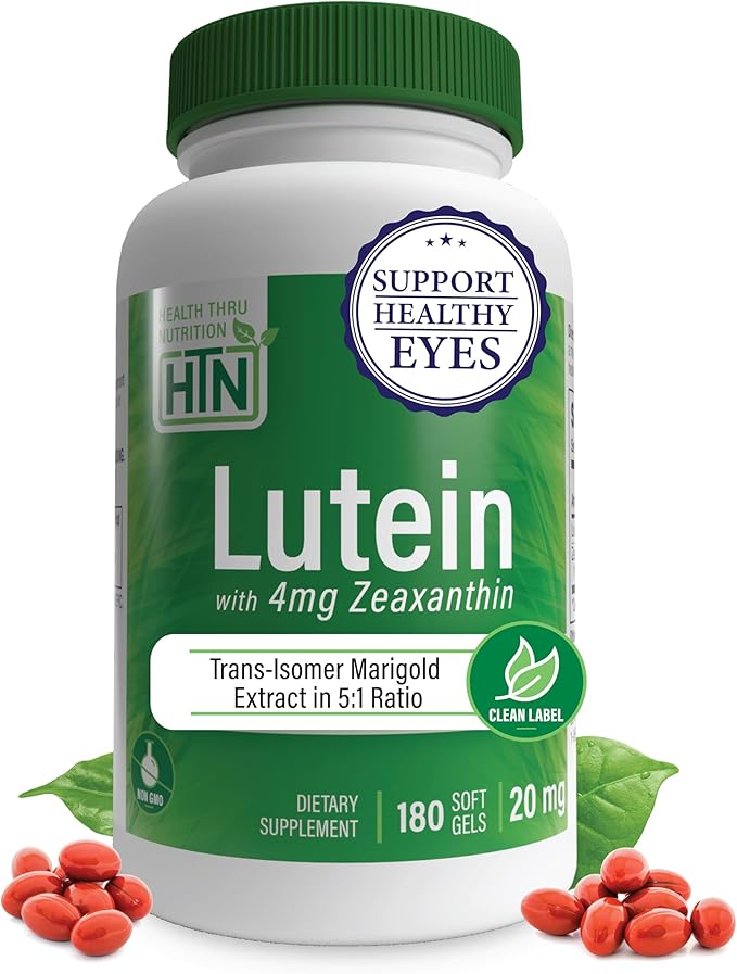 Lutein 20mg with Zeaxanthin 4mg 180 Softgels | Trans-Isomer Marigold Extract in Nature Identical 5:1 Ratio | Supports Healthy Eye Skin and Brain | Non-GMO Soy &amp Gluten Free | by Health Thru Nutri