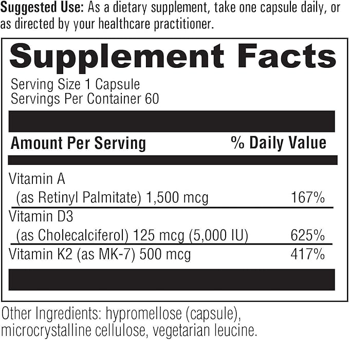 Vitamin ADK Supplement with Vitamins A 5000IU Vitamin D3 and 500mcg Vitamin K2 (as MK-7) | NON GMO | Gluten &amp Soy Free