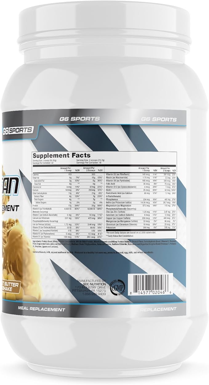 G6 Sports Nutrition Super-Lean Deluxe Meal Replacement (32g Protein 7g Fiber 25 Added Vitamins &amp Minerals) – 2.5lb Jar – Peanut Butter Milkshake