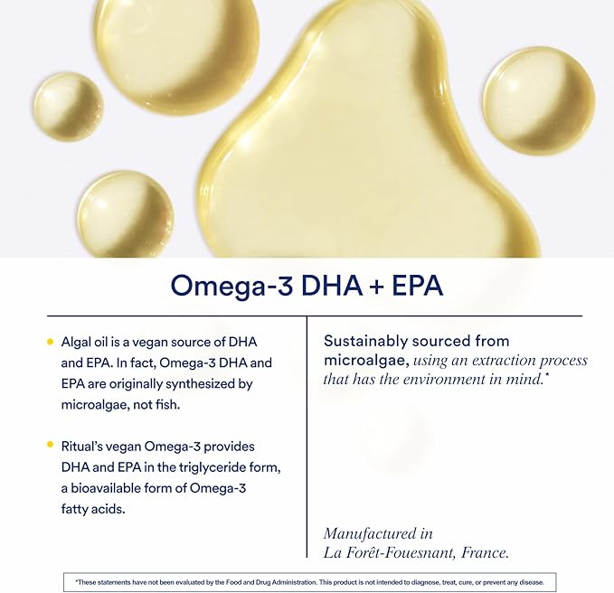 Ritual Omega 3 - Vegan - Science-Backed Dose of DHA &amp EPA Fatty Acids in 2:1 Ratio Bioavailable Brain and Heart Health Support Minimal Burp-Back Sustainably Sourced Microalgae 30 Day Supply