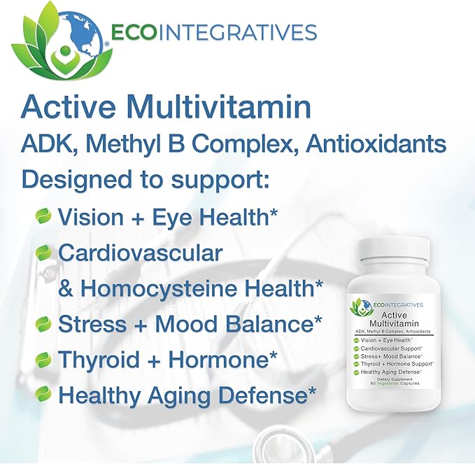 Active Multivitamin | ADK Methyl B Complex Antioxidants | Quatrefolic Folate Methyl B12 P5P Vitamin D3 K1/K2 | 60 Vegetarian Capsules