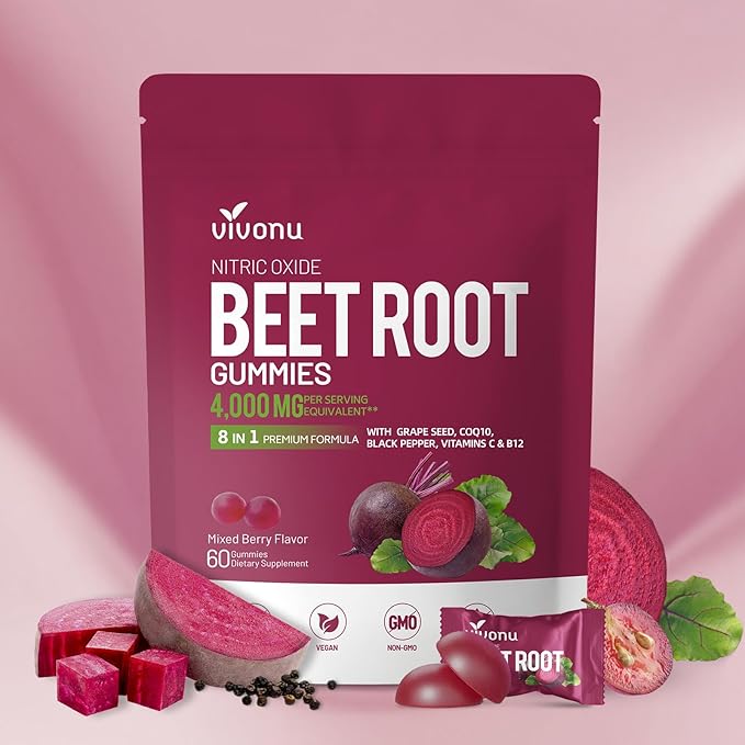 VivoNu Beet Root Gummies 8-in-1 Premium Energy Supplement with CoQ10 Beetroot Extract Grape Seed Extract Black Pepper Extract Vitamins C &amp B12 L-Arginine &amp L-Citrulline