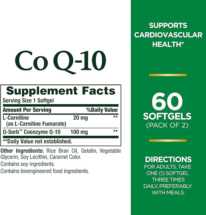 Nature's Bounty CoQ10 Dietary Supplement Supports Heart Health 100mg Plus L-Carnitine Twin Pack 120 Softgels