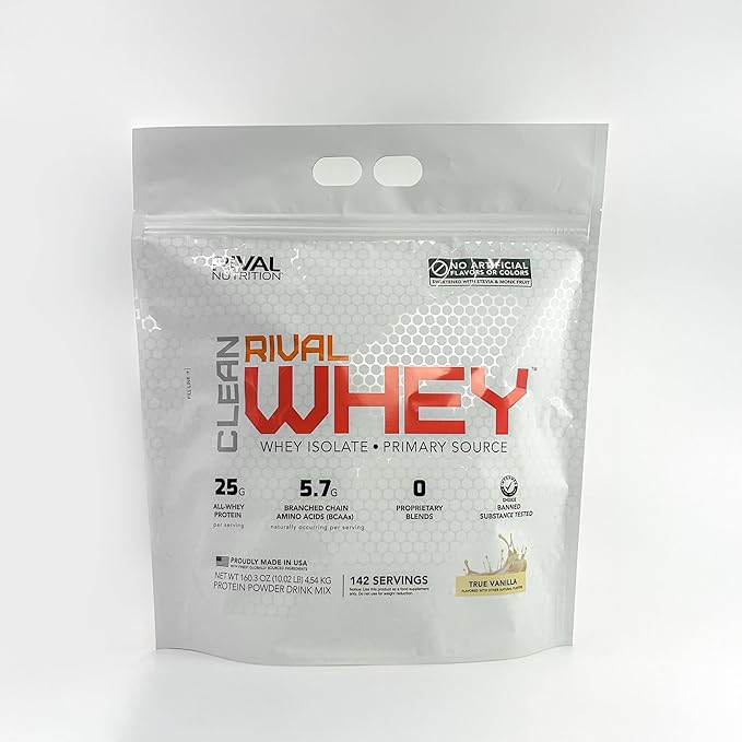RIVAL NUTRITION Clean Rival Whey – 10LB True Vanilla – 100% Whey Protein Powder Whey Isolate Primary Source | 25g Protein Muscle Gain/Recovery | All Natural No Artificial Ingredients - 142 Servings