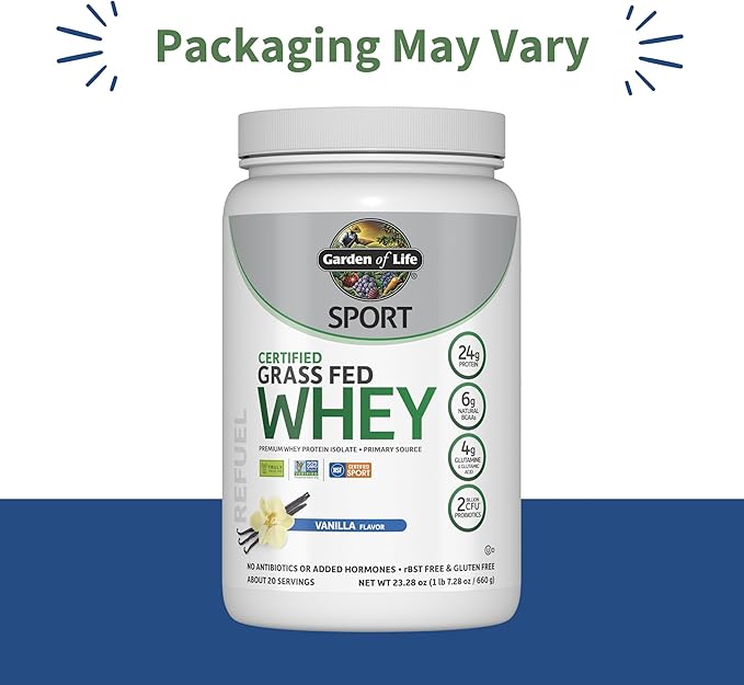 Garden of Life Sport Grass Fed Whey Protein Powder – 24g Whey Protein Isolate for Women &amp Men with Probiotics &amp Glutamine Non-GMO Gluten-Free Cold-Processed Vanilla Flavor 20 Servings
