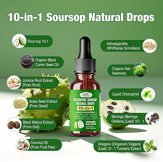 Nutrapure Soursop Herbal Drops with Sea Moss Ashwagandha &amp Moringa 10-in-1 Liquid Supplement for Immune Support Antioxidant Properties Gut Health Maintenance and Cardiovascular Wellness 2 pac