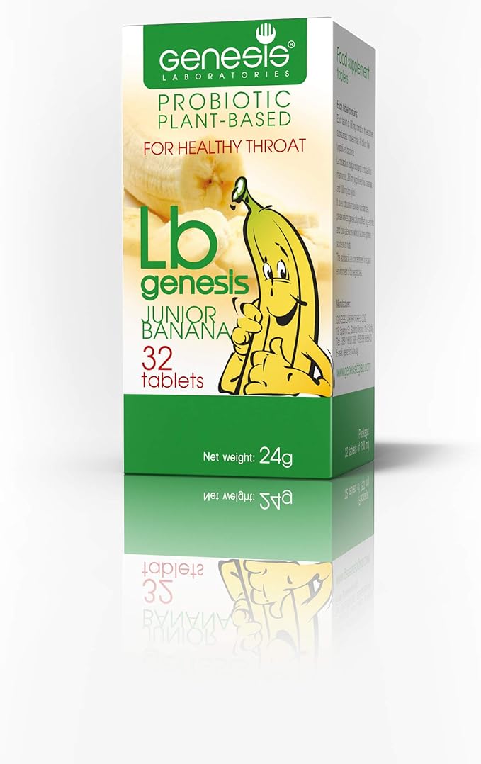 Genesis LB Junior Banana Vegan Probiotic Lozenges – Lactobacillus Bulgaricus with Freeze-Dried Bananas &amp Xylitol – Supports Throat and Gut Health – Dairy-Free Gluten-Free Non-GMO 32 Tablets