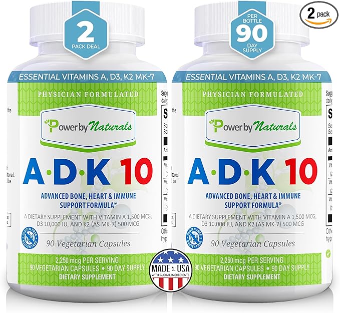 Power By Naturals ADK Vitamin Supplement – ADK 10 High Potency with Vitamins A D3 10000 IU &amp K2 MK7 for Bone Health – Vitamin A D K Supplement – 90 Capsules 2 Pack (6-Month Supply)