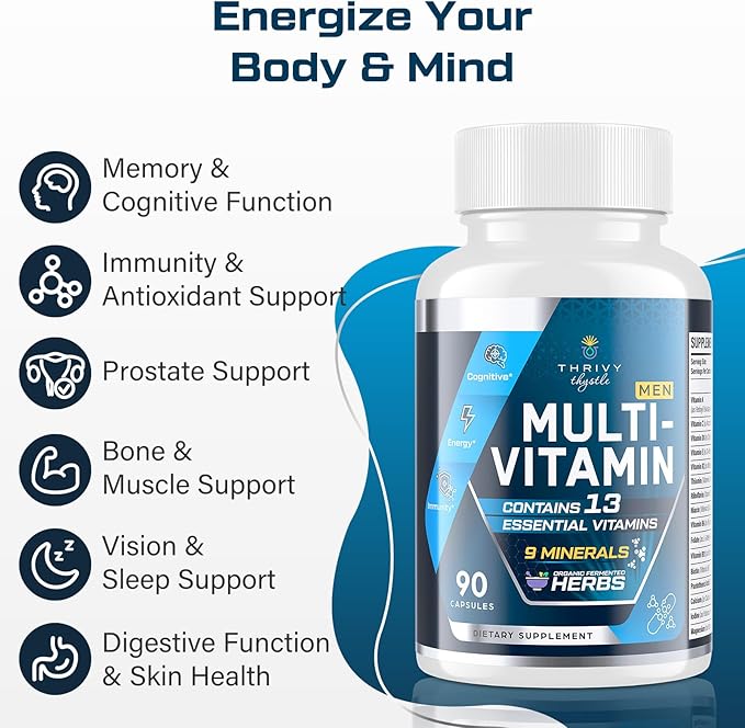 Multivitamin for Men 50+ with Methylated B12 &amp Folate Omega-3 &amp CoQ10 – Fermented Herbal Blend 43 Vitamins &amp Minerals – Supports Brain &amp Memory and Immune Health - 90 Capsules