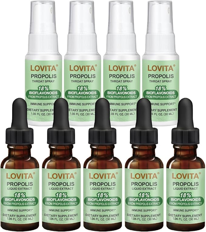 LOVITA 9-Pack Propolis Immune Bundle - 5 Liquid Extract Drops &amp 4 Throat Sprays Alcohol-Free Antioxidant Maximum Strength Bee Propolis (9 Pc Set)
