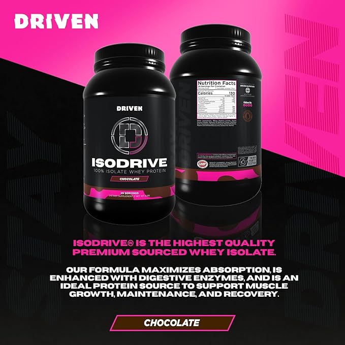 Driven Nutrition IsoDrive Whey Isolate Protein Powder 2lb (Chocolate) – 25g Protein Enzyme Enhanced for Absorption Ultra Clean
