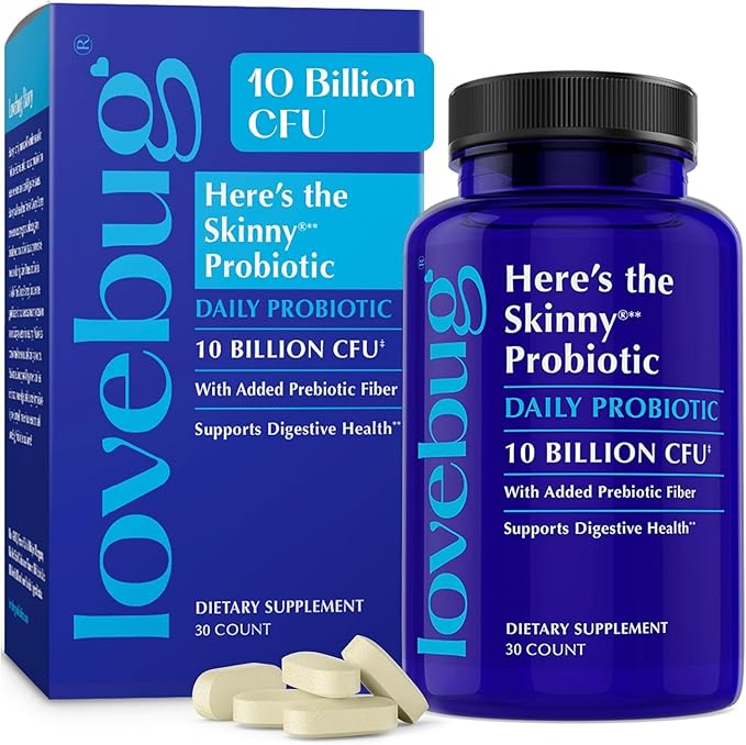 LOVEBUG Skinny Prebiotics and Probiotics for Women Digestive Health &amp Immune Support - 10 Billion CFU Probiotic Strains Gut Health Gas Constipation &amp Bloating 30ct