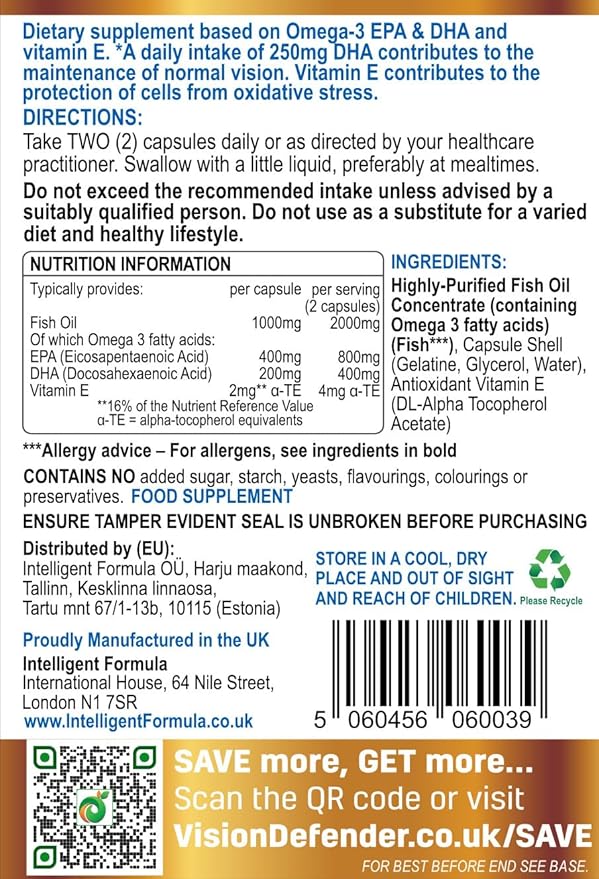 VISION DEFENDER OMEGA Eye Supplement: Care and Relief for Dry Eyes Improve Eye Health- High Strength 1000mg Pure Omega-3 Fish Oil (400mg EPA 200mg DHA per capsule)+Vitamin E (60 Softgels) Made in UK