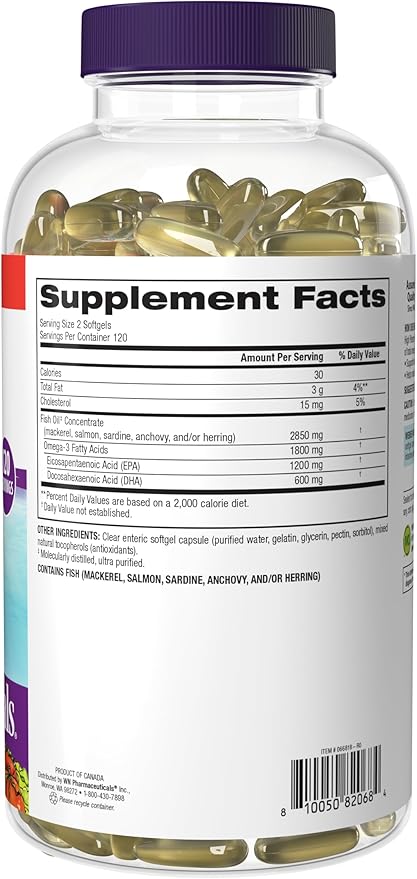 Webber Naturals Fish Oil 2850 mg High Potency 1800 mg Omega-3 per Serving 240 Clear Enteric Softgels No Fishy Aftertaste Ultra-Purified Supports Heart Cognitive and Joint Health