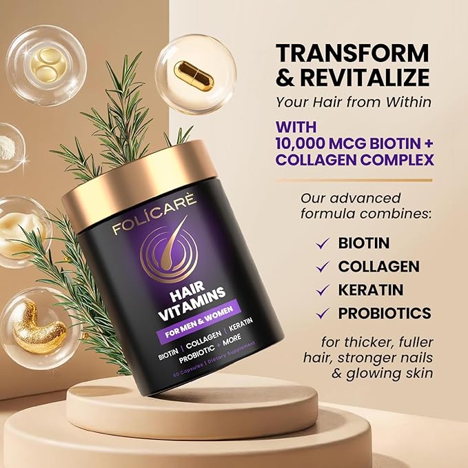 Biotin Hair Growth Supplement with Collagen Keratin and Probiotics – Hair Growth Support Skin &amp Nails Supplement for Men and Women – Supports Thicker Stronger Hair – Made in USA (1 Pack)