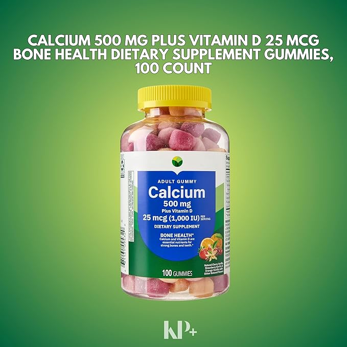 KP+ Calcium Gummies 500 mg with Vitamin D 25 mcg (1000 IU) | 100 Gummies | Natural Fruit Flavors | Pack of 2