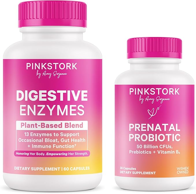 Pink Stork Prenatal Probiotic Unscented and Digestive Enzymes Bundle – Supports Digestion and Prenatal Wellness – Women’s Multivitamin with Folate and Enzymes