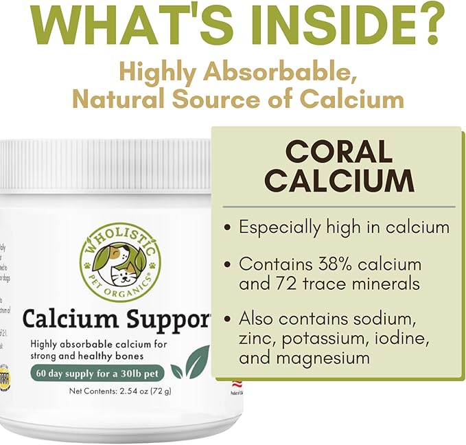 Wholistic Pet Organics Pure Powder Calcium for Dogs and Cats - Supports Strong Bones Teeth &amp Muscles - Sea Coral Cat and Dog Calcium Supplement with 72 Trace Minerals - Pet Food Topper - 60 Scoop