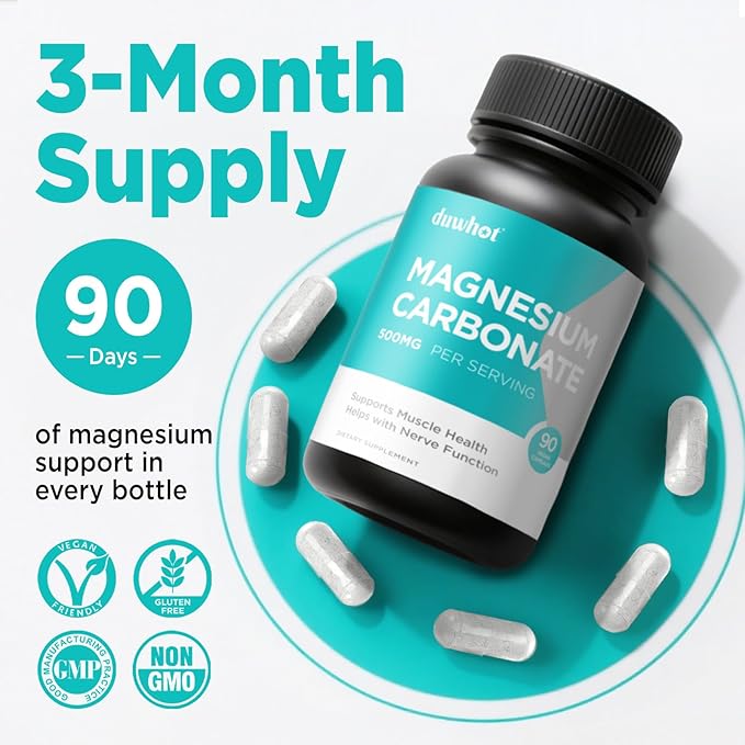 Magnesium Carbonate 500mg High Absorption Supplement for Digestive Health Muscle &amp Nerve Function 3 Month Supply Vegan Non-GMO Gluten-Free 90 Capsules