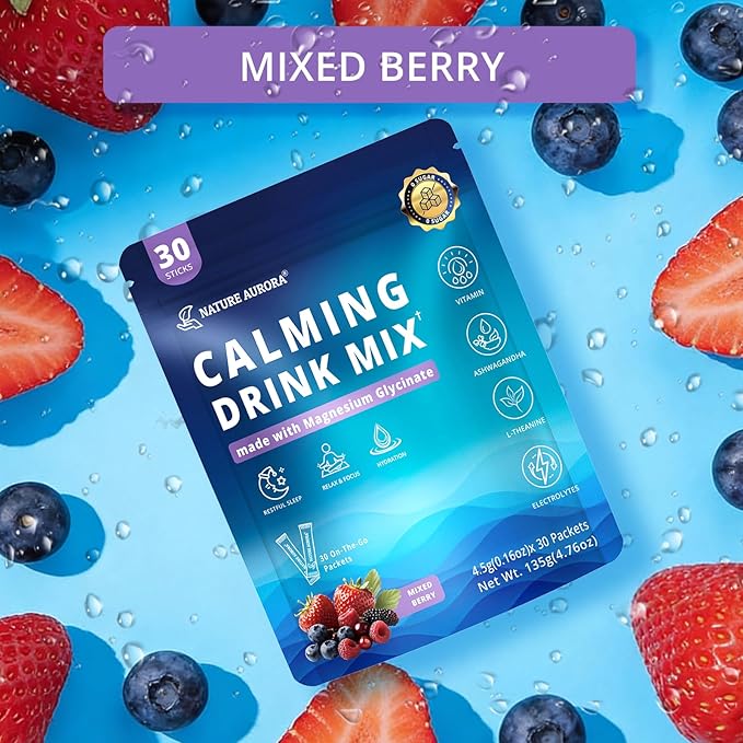Cortisol Powdered Drink Mix with Magnesium Glycinate Ashwagandha L-Theanine Vitamin &amp Electrolytes Sugar Free Magnesium Supplement Blend for Stress Relief Relax &amp Focus Mixed Berry 30 P