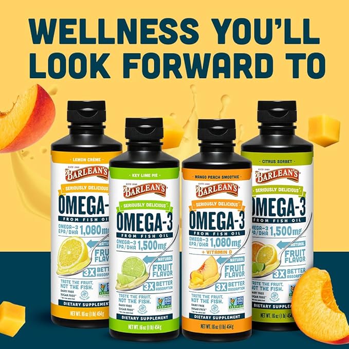 Barlean's Omega 3 Fish Oil Liquid Supplement with Vitamin D for Men and Women 1080mg of EPA and DHA Fatty Acid Promotes Brain &amp Heart Health - Non-GMO Mango Peach 16 oz