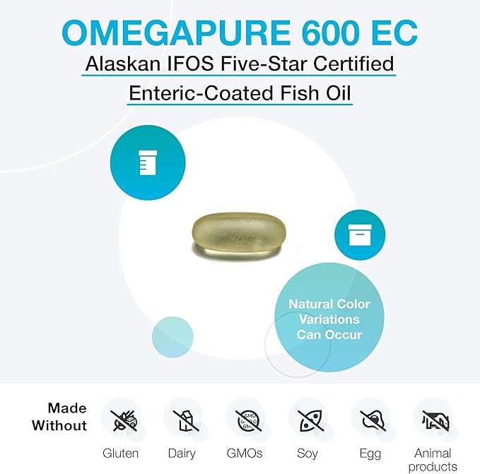 XYMOGEN OmegaPure 600 EC - Cardiovascular &amp Brain Support - IFOS Five-Star Certified Fish Oil - DHA EPA Omega-3 Supplement - Enteric Coated Softgels - 120 Softgel Tablets