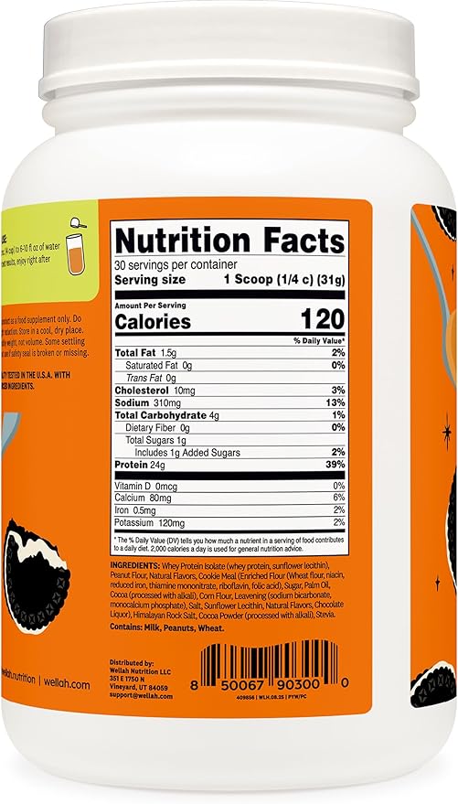 Wellah Grass-Fed Whey Protein Isolate Powder (Peanut Butter Cookie) 30 Servings - 24g of Protein 120 Calories Per Serving Naturally Sweetened