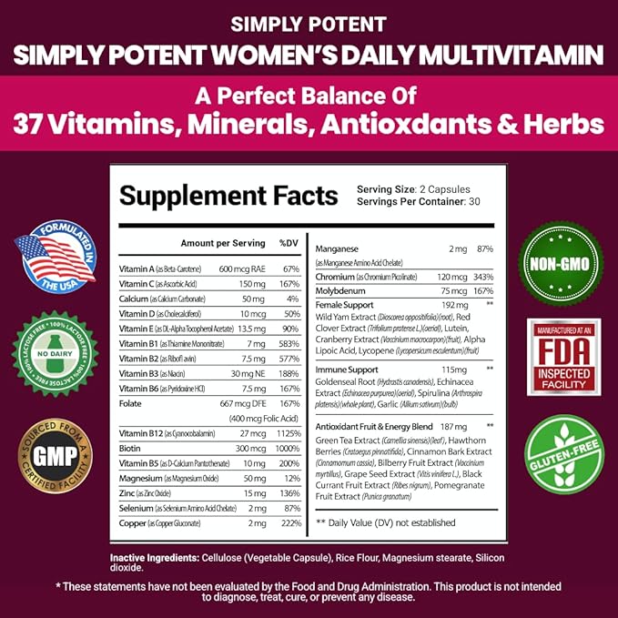 Simply Potent | Women's Multivitamin – 37 Vitamins &amp Minerals with Biotin Vitamins A C D E B12 Folate Zinc Magnesium Calcium &amp Green Tea Extract | Non-GMO Gluten-Free | 60 Capsules