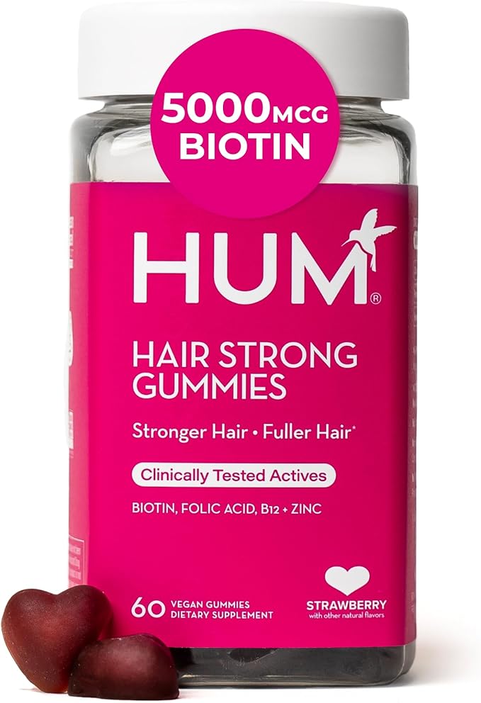 HUM Hair Strong Daily Hair Growth Gummies with Biotin Zinc Vitamin B12 to Support Growth Folic Acid &amp Vitamin B12 Gummy Vitamins for Healthy Hair Support for Women and Men 60 Gummies