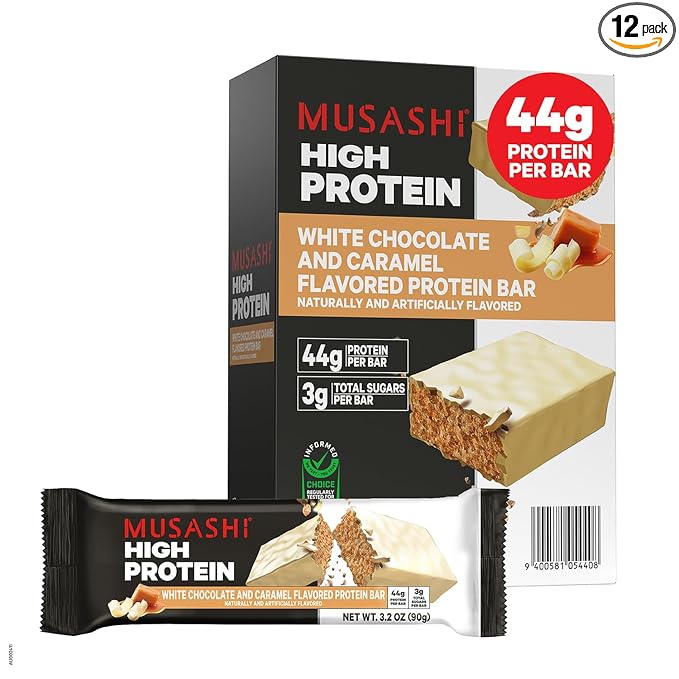 MUSASHI High Protein Bar 45g Protein 2g Total Sugars White Chocolate Caramel Post Workout and Protein Snack On The Go 12 Pack of 3.2oz (90g) Bars