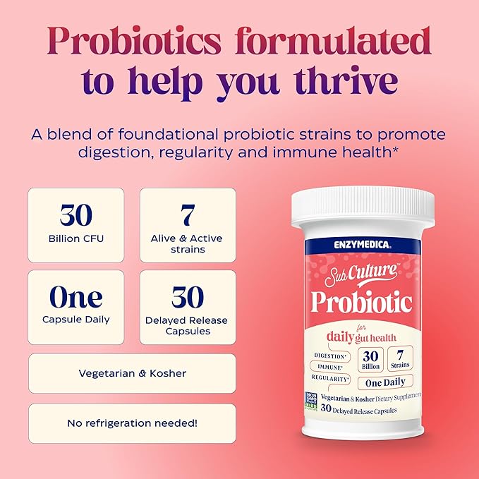 Enzymedica SubCulture Probiotics for Men and Women Capsules for Daily Gut Health 30 Billion CFU + 7 Live Strains Digestion Regularity &amp Immune Health Lactobacillus and Bifidobacterium 30 Co