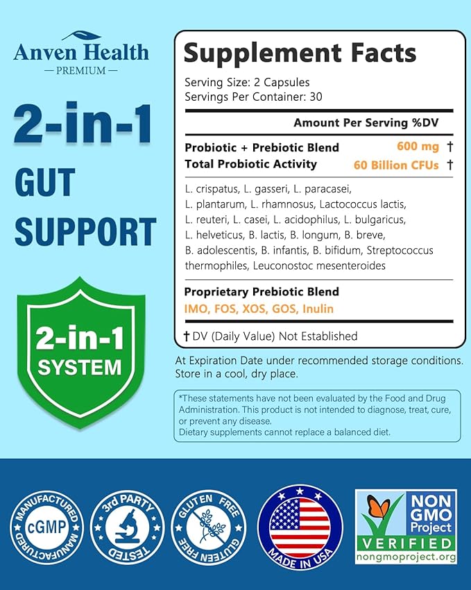 60 Billion Probiotic and Prebiotic for Women and Men - 19 Strains 5 Organic Prebiotics for Gut Digestive &amp Immune Health Supports Diarrhea Gas Bloating Non-GMO – Made in USA丨60 Caps