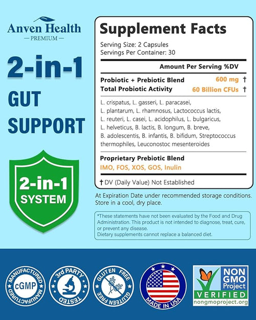 60 Billion Probiotic and Prebiotic for Women and Men - 19 Strains 5 Organic Prebiotics for Gut Digestive &amp Immune Health Supports Diarrhea Gas Bloating Non-GMO – Made in USA丨60 Caps
