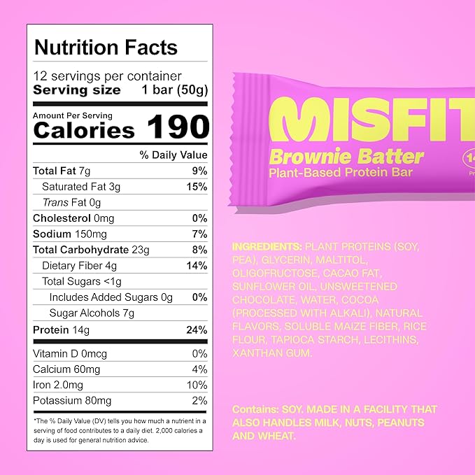Misfits Vegan Protein Bars - Fudgey Brownie Batter| Nutrition Bars - 14g Protein 1g Sugar Plant-based Low Carb Non-GMO Gluten Free Snacks | Pack of 12