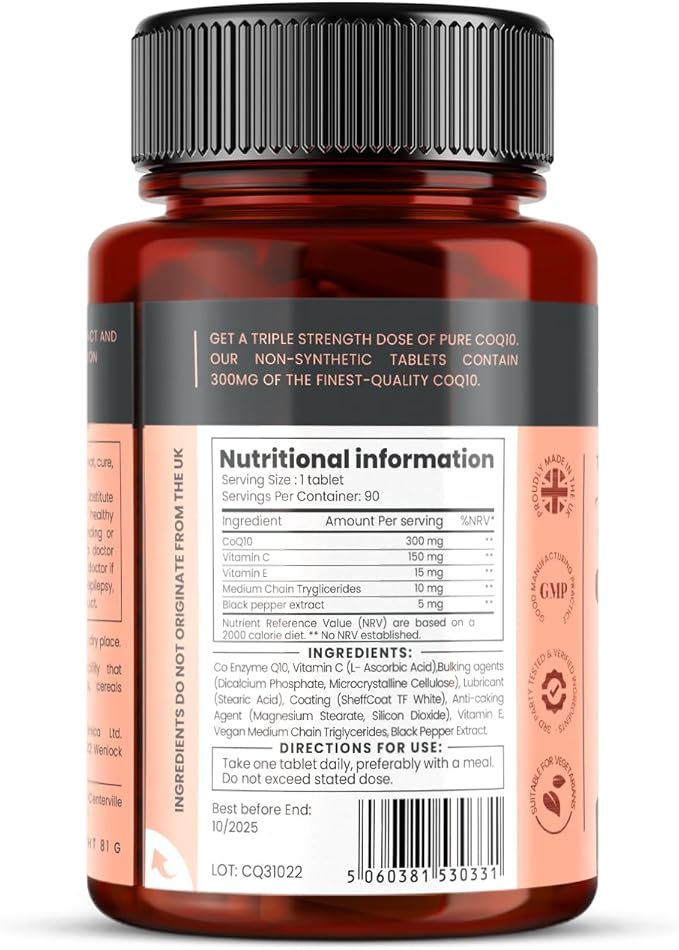 pureclinica CoQ10-300mg x 540 Tablets (6 Bottles with 90 Tablets Each - 18 Months Supply) with Vitamin C and Black Pepper Extract