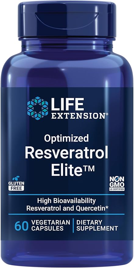 Life Extension Optimized Resveratrol Elite Trans-resveratrol quercetin Healthy Aging Heart Health Brain Health oxidative Stress Gluten-Free Non-GMO Vegetarian 60 Capsules