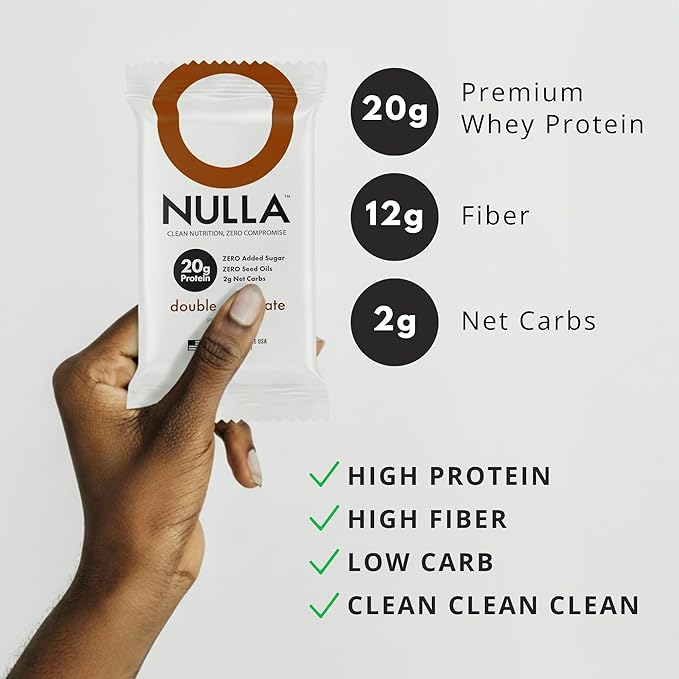 Nulla Bar 12 Count Box NO SEED OILS 20 grams Protein 2-3g Net Carbs (Double Chocolate)