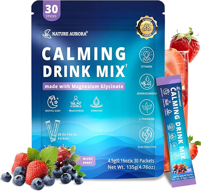 Cortisol Powdered Drink Mix with Magnesium Glycinate Ashwagandha L-Theanine Vitamin &amp Electrolytes Sugar Free Magnesium Supplement Blend for Stress Relief Relax &amp Focus Mixed Berry 30 P