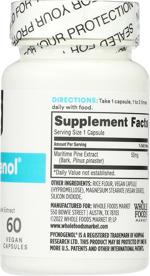 365 by Whole Foods Market Pycnogenol Maritime Pine Bark Extract 50mg Vegan Capsules 60 Count