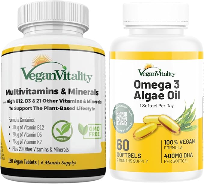 Vegan Vitality Immunity Booster Bundle 6 Months - Vegan Multivitamins and Vegan Omega 3 Algae Oil. High Strength Plant Based Formula for Immunity Energy Overall Health for Vegans and Vegetarians