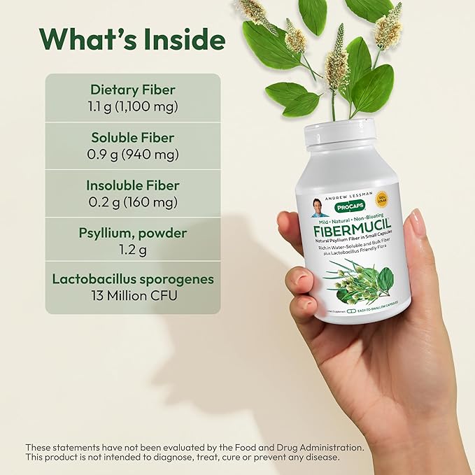 ANDREW LESSMAN Fibermucil 1000 Capsules -Psyllium Husk Powder. Gently Promotes Regularity and Digestive Health. Rich in Fiber. Gentle Easy Effective. No Additives. Small Easy to Swallow Capsules