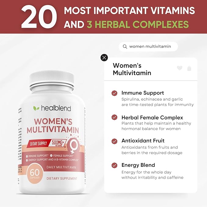 Women's Multivitamin with Biotin (Without Iron) - 20 Essential Vitamins and Minerals Supports General Health Energy &amp Immunity - 60 Capsules (2)