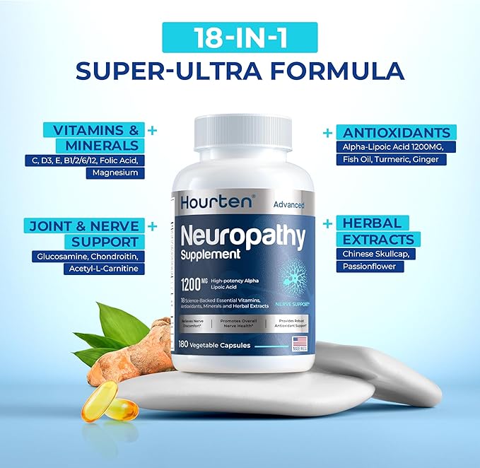 Neuropathy Sciatica Nerve Support Supplement - 1200mg High-Potency Alpha Lipoic Acid 18-in-1 Nutrient Blend - Neuropathy Support for Feet Legs Hands Lower Back 180 Capsules