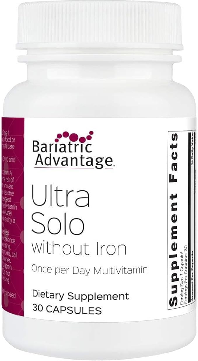 Bariatric Advantage Ultra Solo Without Iron - Once-Per-Day Daily Multivitamin - for Bariatric Patients - with Thiamin Vitamin A &amp More - Gluten Free - 30 Capsules