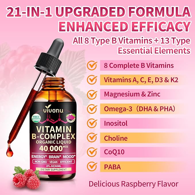 VivoNu Vitamin B Complex Liquid Drops Vitamins B12 B6 B1 B2 B3 B5Methyl Folate with Vitamin C A E D Support Energy Raspberry Flavor Natural Ingredient Non GMO