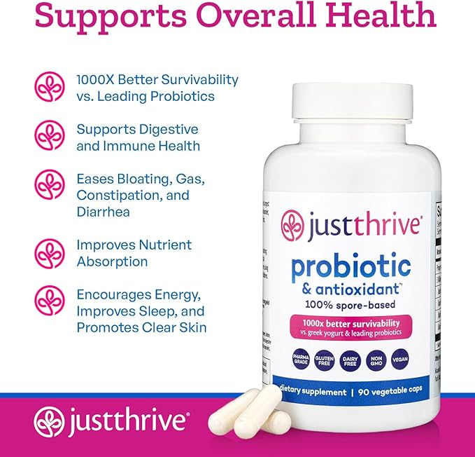 Just Thrive Probiotic &amp Antioxidant Supplement - 100% Spore-Based Digestive and Immune Support - Gluten Free 90 Caps