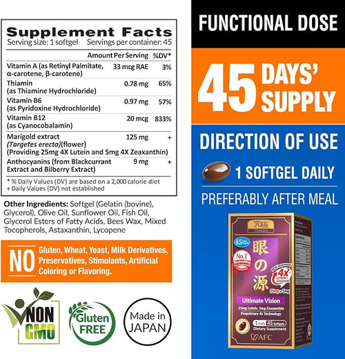 AFC Japan Ultimate Vision 4X - Improved Up-Sized Eye Formula with Lutein 4X Zeaxanthin Bilberry Extract and Vitamins for Age-Related Eye Problem Blurry &amp Poor Vision Dry Eye Macular Health 4