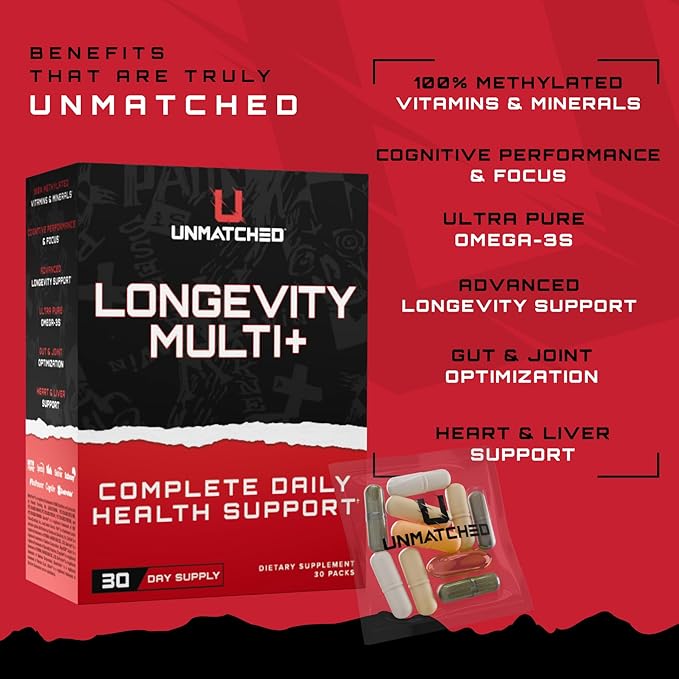 Unmatched Longevity Multi+ | Complete Daily Health Support | Methylated Vitamins &amp Minerals Omega-3s Nootropics &amp Longevity Agents | 30 Packs 30 Day Supply