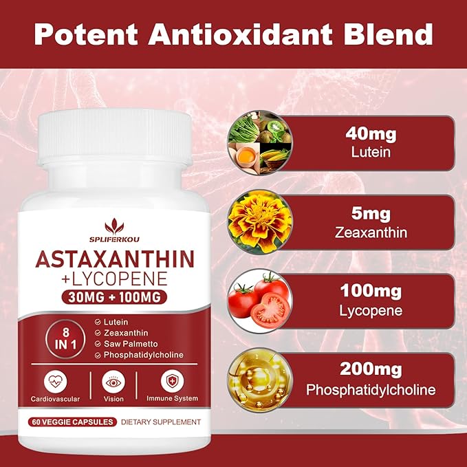 Astaxanthin and Lycopene 70mgAstaxanthin Supplement with Phosphatidylcholine Lutein and Zeaxanthin Powerful Antioxidants Supplement (180 Capsules)