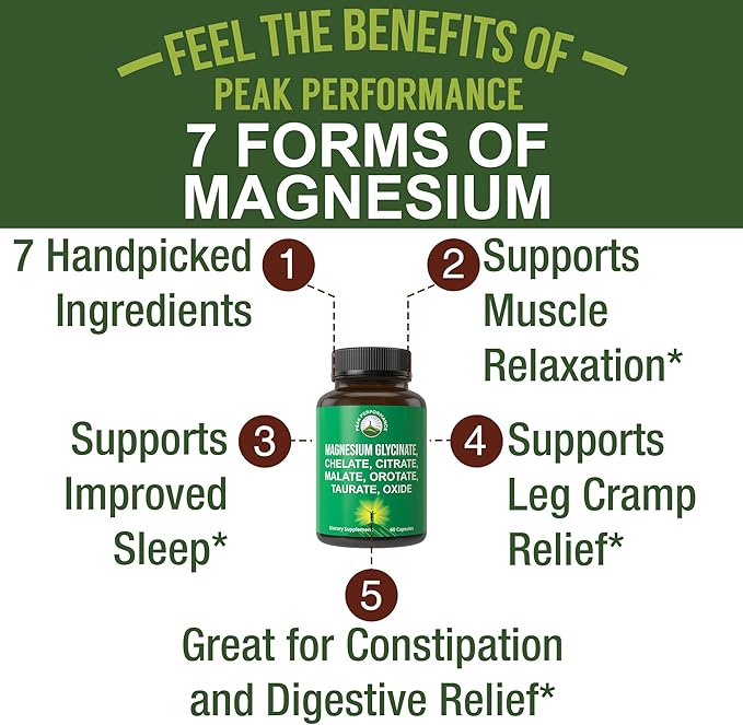 Magnesium Glycinate + Citrate + Malate + Chelate + Orotate + Taurate + Oxide. 7 Forms of Magnesium Complex. 500mg Supplement Capsules for Women &amp Men. 2 Pills for Sleep Leg Cramps Muscles